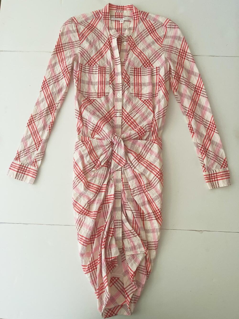 Veronica Beard Dress Womens 0 Red Plaid Ruched Button Front Shirt Long Sleeve